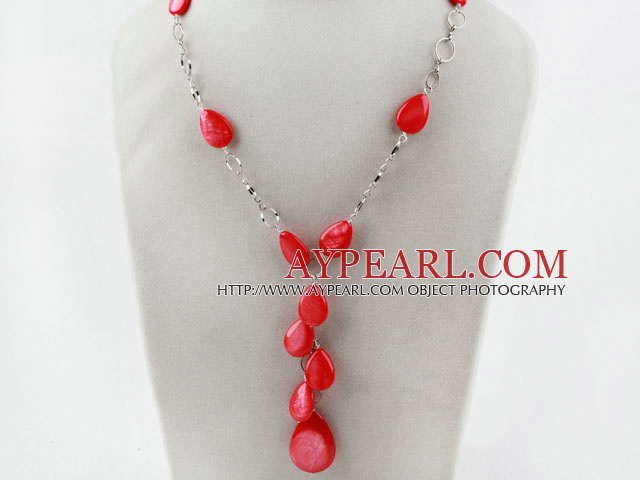 New Design Drop Shape Red Shell Y Style Necklace with Heart Shape Toggle Clasp