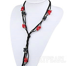 Long style Y shape black freshwater pearl and red coral necklace with black thread