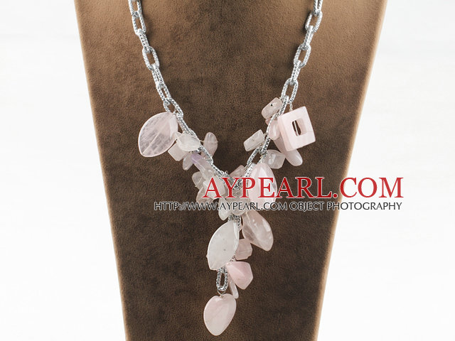 Y shape assorted multi shape rose quartz necklace with bold metal chain