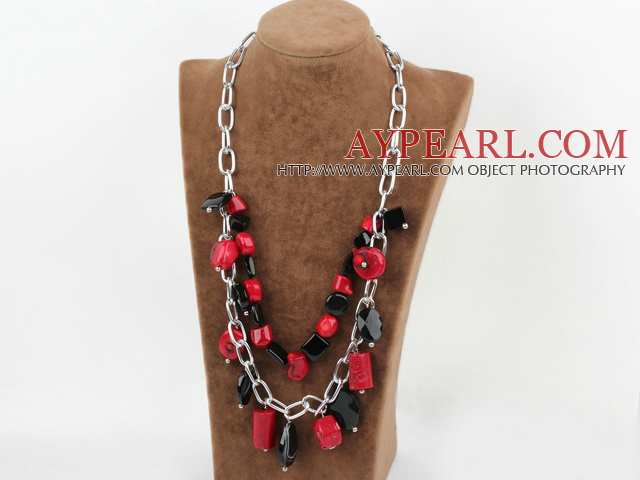 Double layer red coral and black agate necklace with metal chain