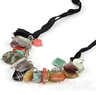 Y shape assorted multi gemstone and crystal and turquoise necklace with black ribbon