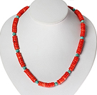Disc Shape Red Coral and Turquoise Necklace