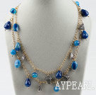 Double strand assorted multi shape blue agate necklace with golden color chain