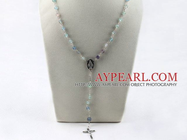 31.5 inches prayer beads, 6-8mm rainbow flourite necklace rosary with cross