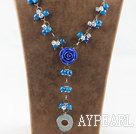 Y shape blue agate and white crystal and blue acrylic flower necklace