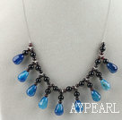 Drop shape blue agate and round garnet necklace with lobster clasp