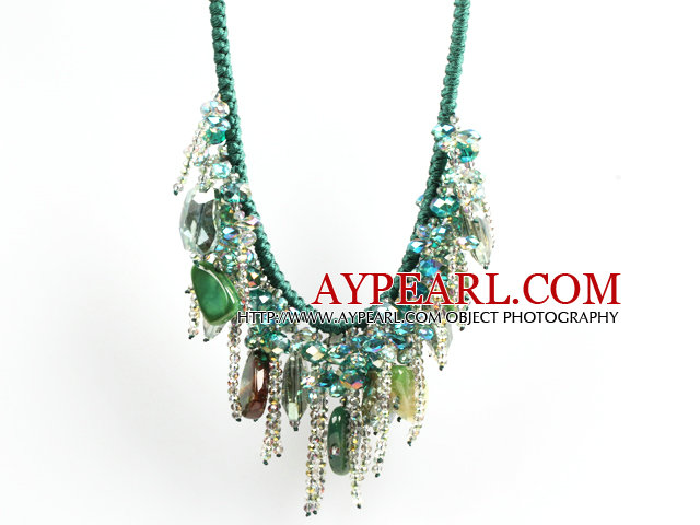 Sparkly Bib Shape Green Series Crystal Agate Statement Party Necklace With Green Thread Woven Drawstring Chain