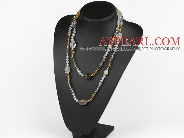 Long Style Crystal and Gray Agate Necklace