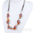 Pearl Crystal and Agate Flower Necklace with Gray Ribbon