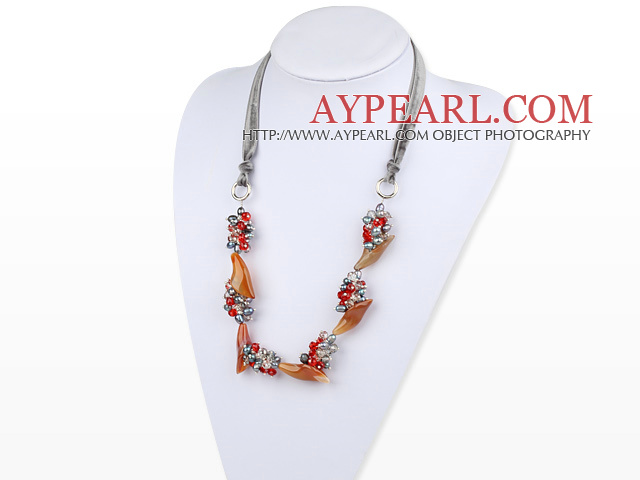 Pearl Crystal and Agate Flower Necklace with Gray Ribbon