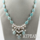 Wholesale Single Strand White Freshwater Pearl and Amazon Stone Necklace with Lobster Clasp