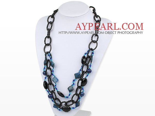 Fashion Three Layer Multi Lapis And Blue Crystal Loop Strand Necklace