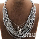 Multi Layer Gray Freshwater Pearl Crystal Necklace with Metal Chain and Charms
