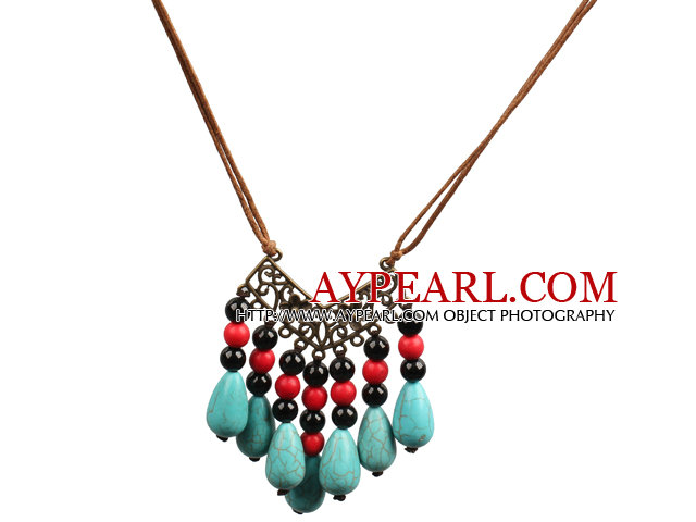 Black Agate and Water Drop Shape Turquoise Necklace