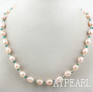 Single Strand Natural Pink Freshwater Pearl and Green Crystal Necklace