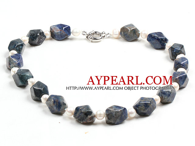 Simple Single Strand Natural White Freshwater Pearl Sodalite Necklace with Moonlight Clasp