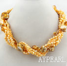 Multi Strands Bright Yellow Color Freshwater Pearl and Bubble Shell Necklace