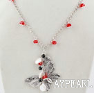 White Coin Pearl and Red Crystal Necklace with Butterfly Pendant