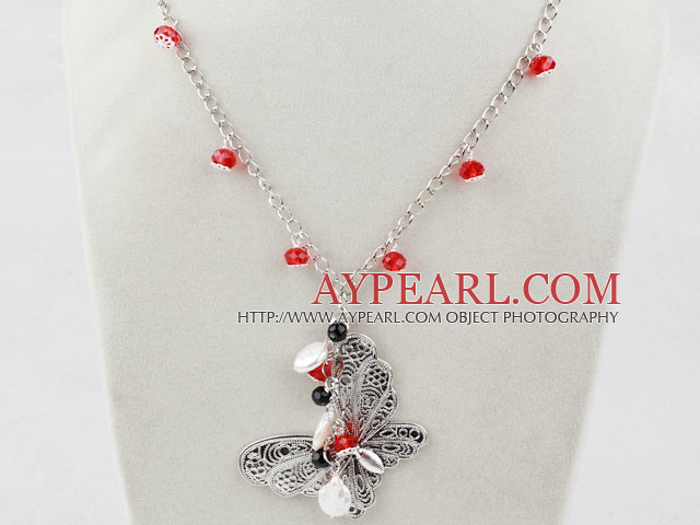 White Coin Pearl and Red Crystal Necklace with Butterfly Pendant