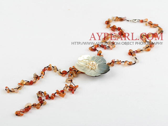 6-8mm agate beaded necklace with shell flower clasp