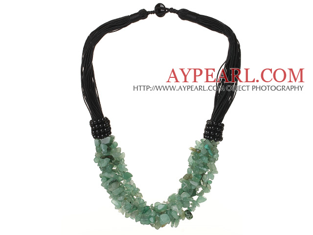 Multi Strands Green Aventurine Chips Necklace With Multi Black Threads
