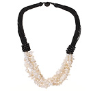 Multi Strands White Shell Chips Necklace with Black Thread