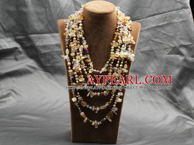 Gorgeous Statement Multi Layer Natural Pearl Clear Crystal Citrine Chips Necklace