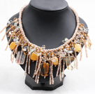 Wholesale Sparkly Bib Shape Yellow Series Crystal Topaz Statement Party Necklace With Chanpagne Thread Woven Drawstring Chain