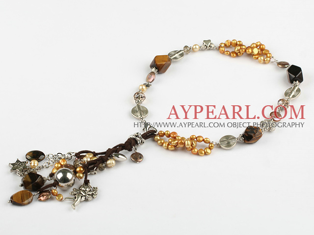 free style pearl crystal tiger eye necklace
