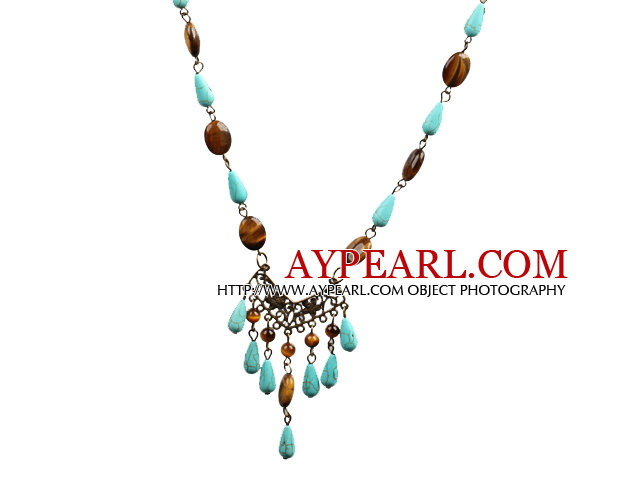 Turquoise and Tiger Eye Necklace with Bronze Chain