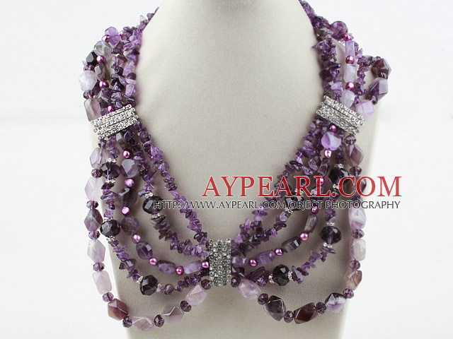 Multi Strand Big Style Assorted Amethyst Chips Bib Necklace