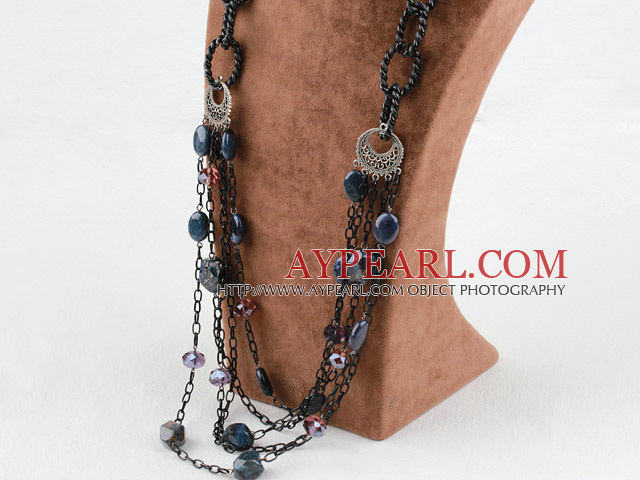 Multi Layer Sodalite and Crystal Necklace with Metal Chain