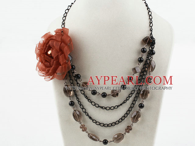 Multi Layer Smoky Quartz and Seashell Beads Necklace with Big Flower