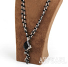Nice Clear Crystal And Multi Black Agate Cluster Pendant Necklace