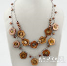 Brown Freshwater Pearl and Brown Hollow Shell Flower Necklace with Metal Chain
