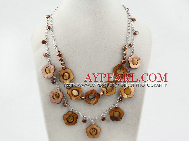 Brown Freshwater Pearl and Brown Hollow Shell Flower Necklace with Metal Chain