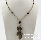 Vintage Style Black Agate and Owl Pendant Necklace with Bronze Chain