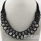 Fashion Style Clear Crystal and Black Velvet Ribbon Woven Bold Bib Necklace