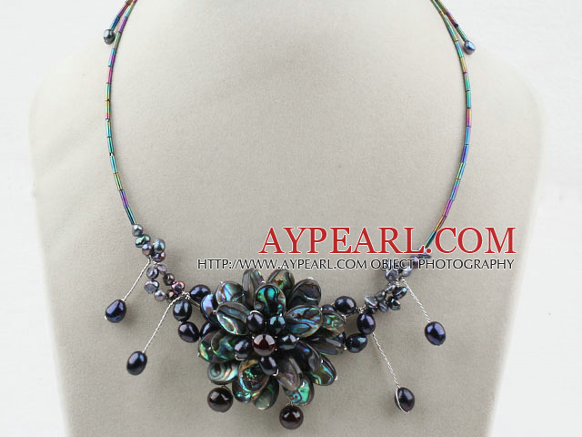 Black Freshwater Pearl and Abalone Shell Flower Necklace