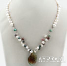 White Freshwater Pearl and Indian Agate Pendant Necklace