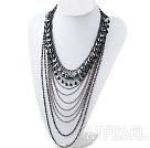 Wholesale Fashion Style Multi Layer Black Crystal and Hematite Statement Necklace with Metal Chain