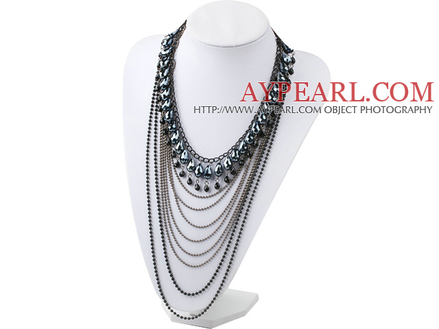 Fashion Style Multi Layer Black Crystal and Hematite Statement Necklace with Metal Chain