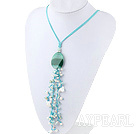 White Freshwater Pearl and Amazon Stone Pendant Tassel Necklace