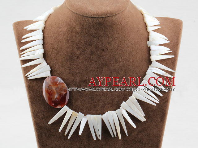 Long Teeth Shape White Shell and Agate Necklace