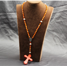 Wholesale Classic Design Fashion Long Y Shape Orange Frosted Banded Agate Necklace With Cross Shape Turquoise Pendant