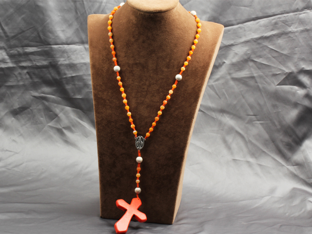 Classic Design Fashion Long Y Shape Orange Frosted Banded Agate Necklace With Cross Shape Turquoise Pendant