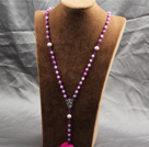 Wholesale Classic Design Fashion Long Y Shape Light Purple Frosted Banded Agate Necklace With Cross Shape Turquoise Pendant