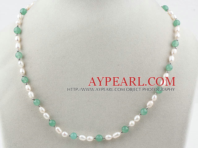 Single Strand White Freshwater Pearl and Aventurine Beaded Necklace