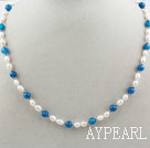 Single Strand White Freshwater Pearl and Round Blue Agate Beaded Necklace