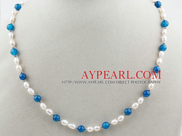 Single Strand White Freshwater Pearl and Round Blue Agate Beaded Necklace